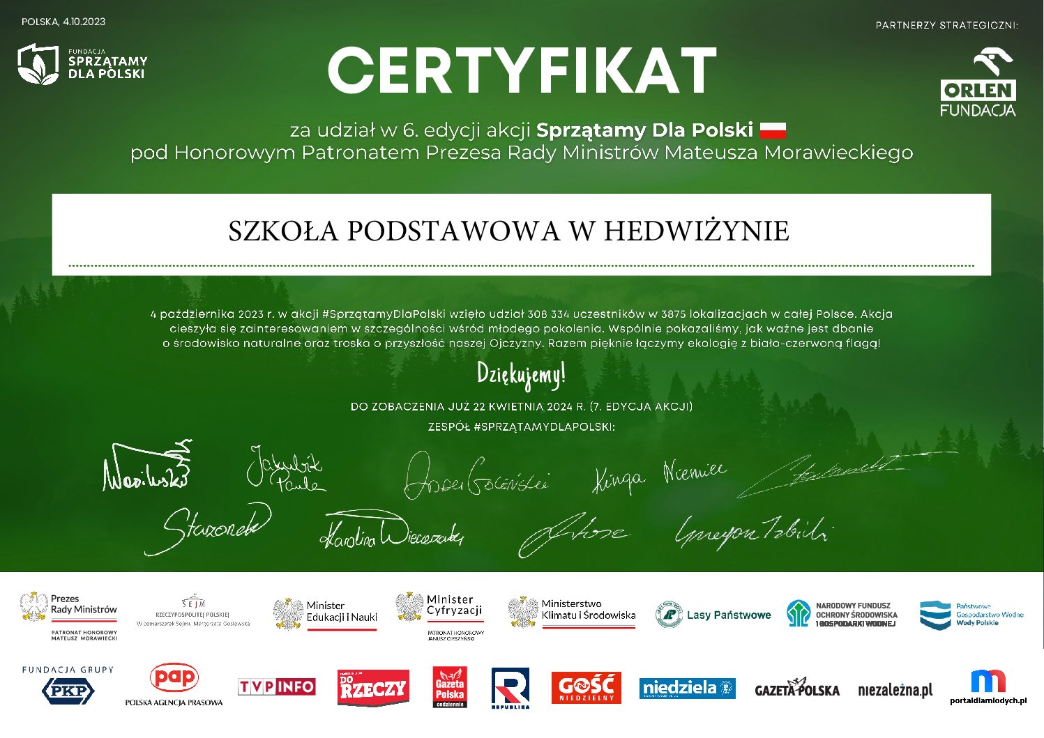 VI Edycja #SprzątamyDlaPolski – certyfikaty uczestnictwa